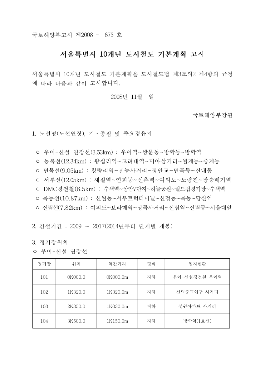 서울특별시 10개년 도시철도 기본계획 고시 PDF 표지
